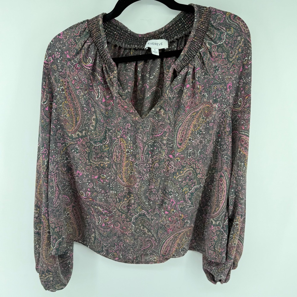 Evereve Paisley Blouse Womens S Purple Pink Smocked V-Neck Long Sleeve Boho Top